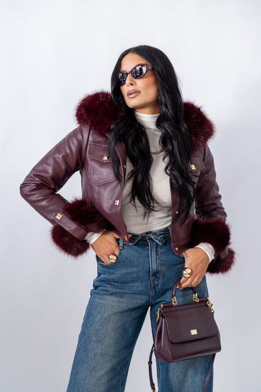 Chaqueton Biker Capucha Pelo Burdeos foto 1