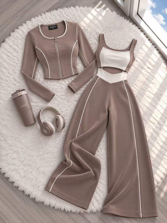 Conjunto Bicolor de 3 Piezas: Chaqueta con Cremallera, Top y Pantalón Palazzo